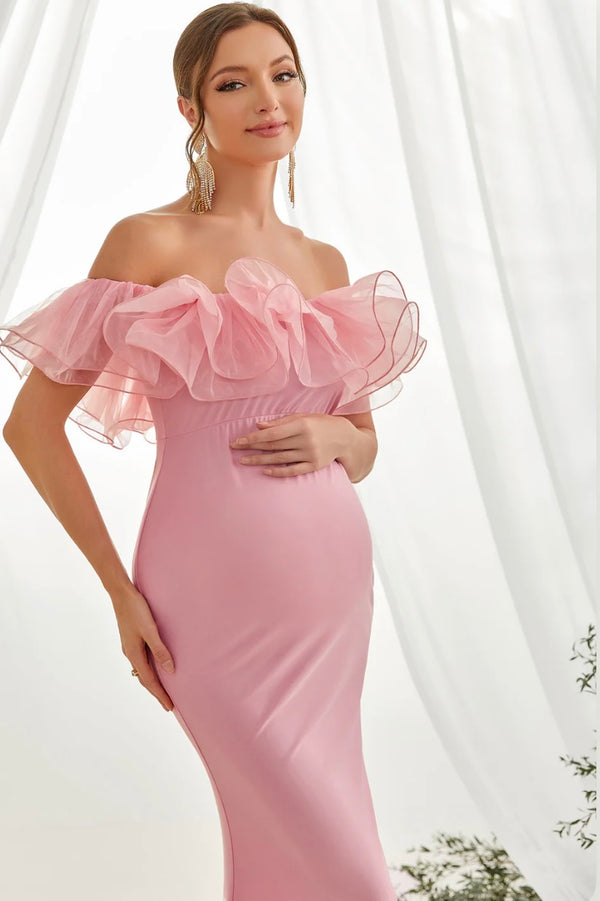Maternity Ruffle Trim Off-Shoulder Mermaid Party Dress - Pink