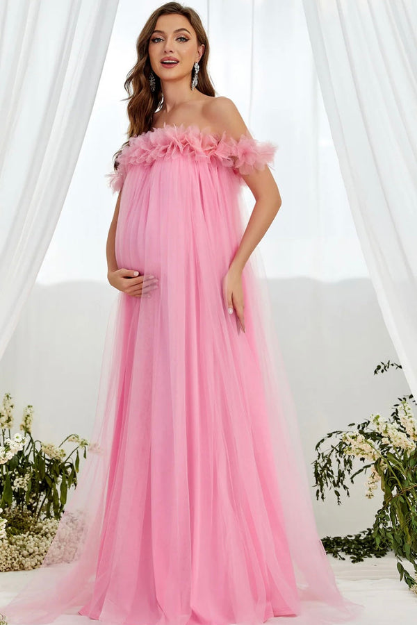 Maternity Flower Appliqué Off-Shoulder Mesh Party Dress