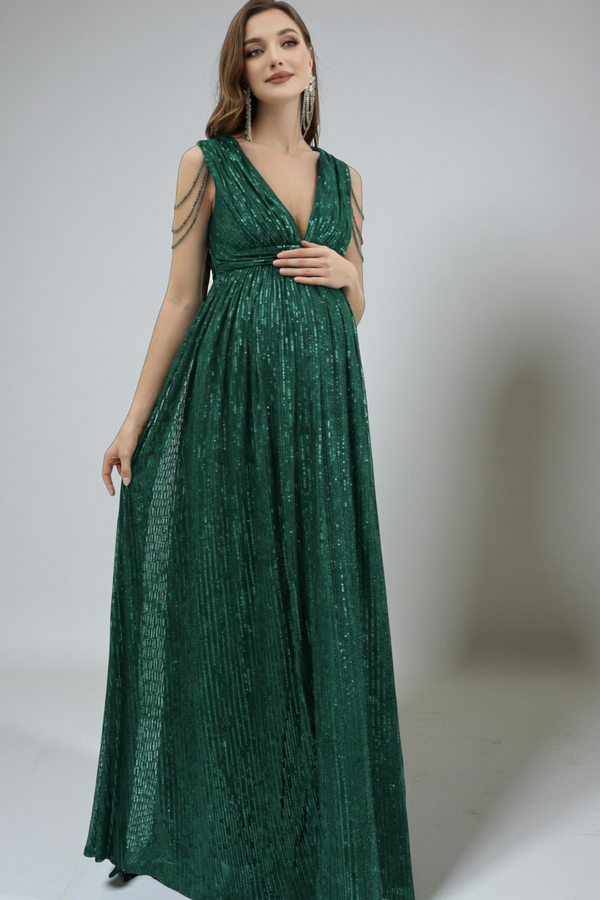 Maternity Chain Detail Plunging Neck Sequin Dress - Dark Green