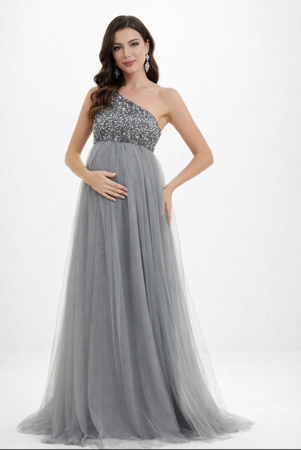 Maternity One Shoulder Contrast Sequin Mesh Party Dress