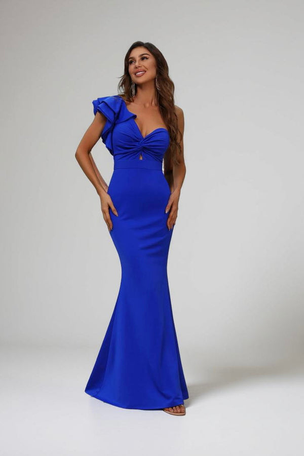 Ruffle Trim One-Shoulder Mermaid Hem Prom Dress