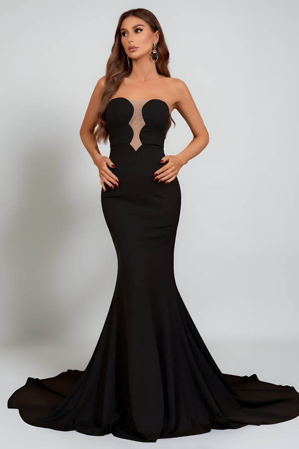 Elegant Mesh Insert Mermaid Hem Tube Formal Dress - Black