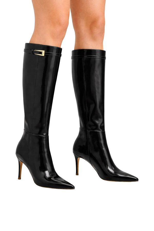 Patent Knee-High Heeled Boots - Black & Red