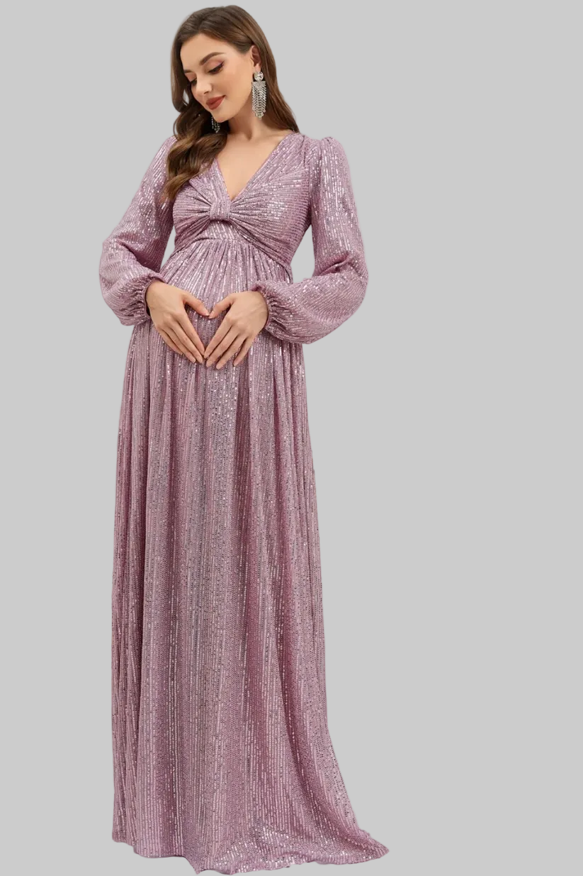 Maternity Ruched Bust Lantern Sleeve Sequin Party Dress