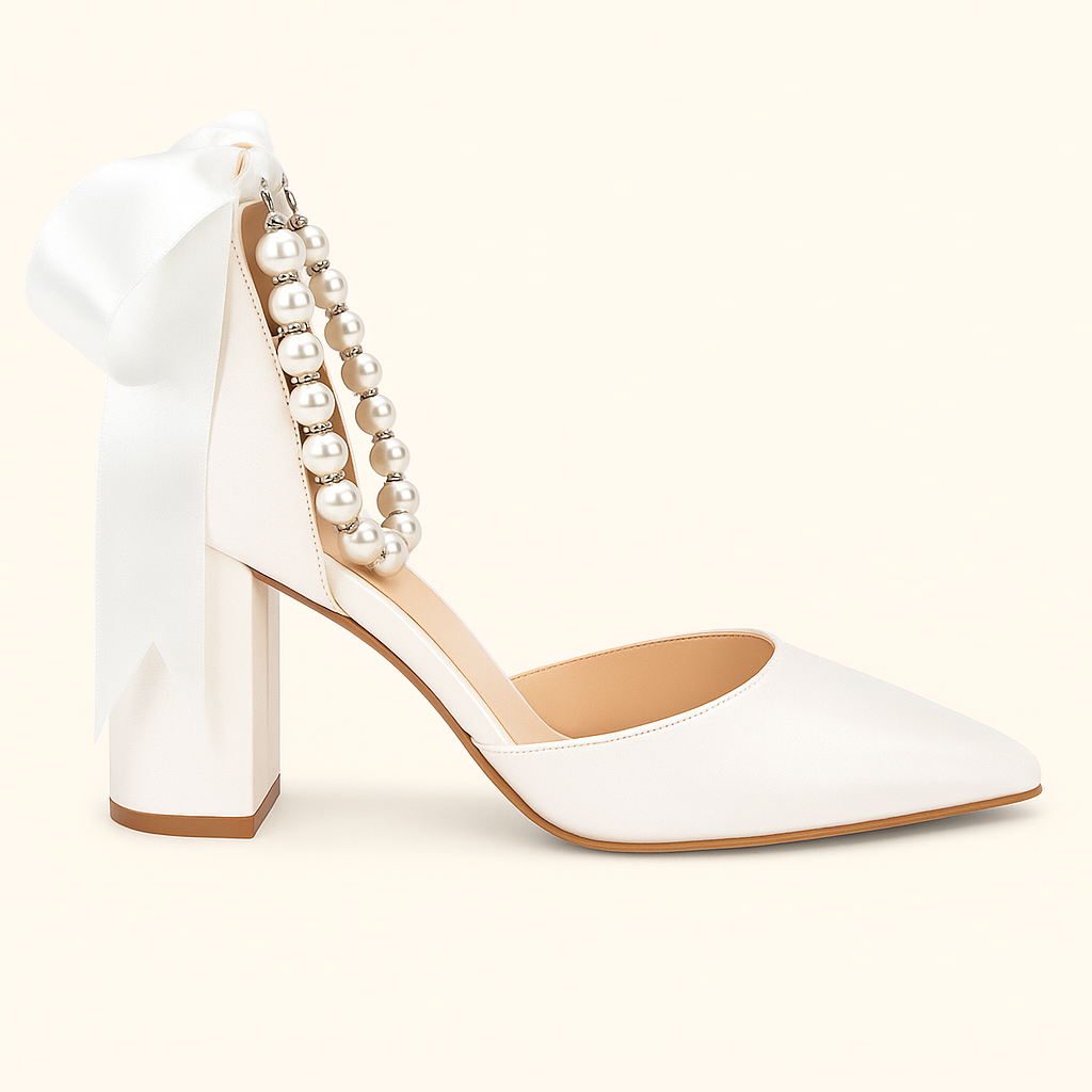Pearl Ribbon Block Heels - Bridal Elegance Meets Comfort