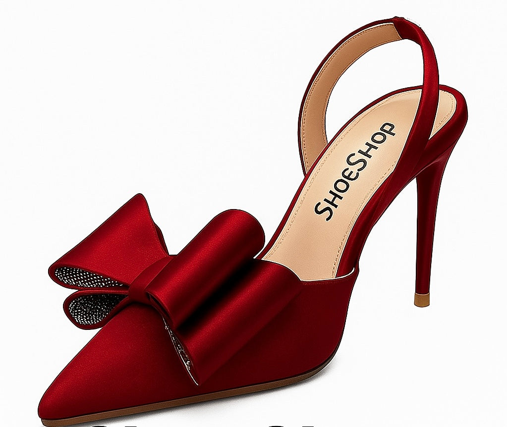Elegant Satin Bow Stiletto - Deep Red & Black
