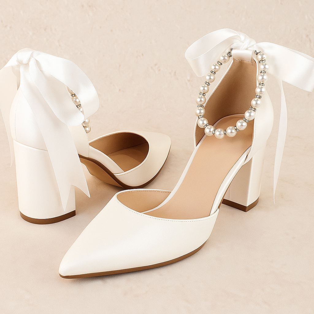 Pearl Ribbon Block Heels - Bridal Elegance Meets Comfort