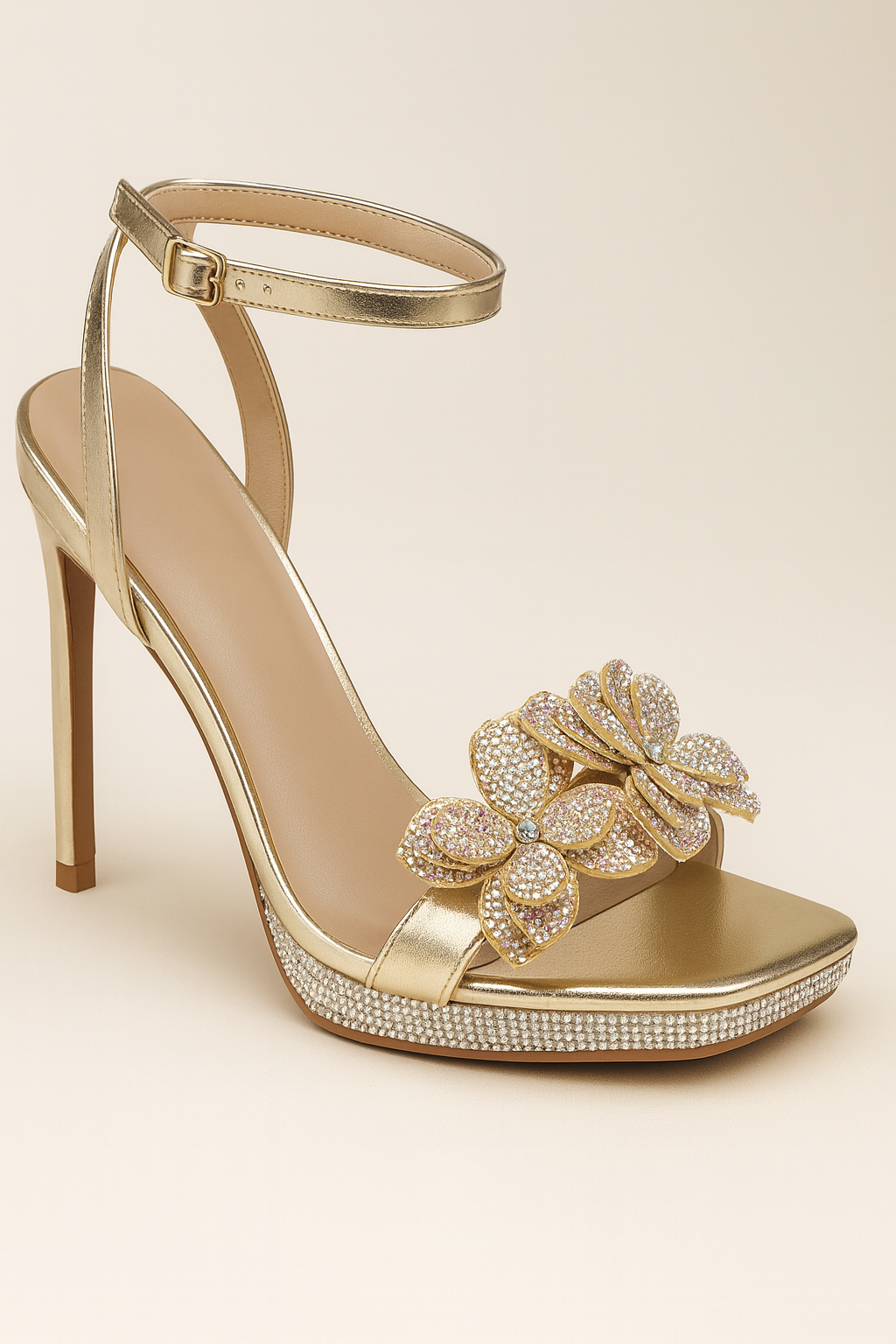 Gold & Silver Rhinestone Flower Ankle Strap Heels