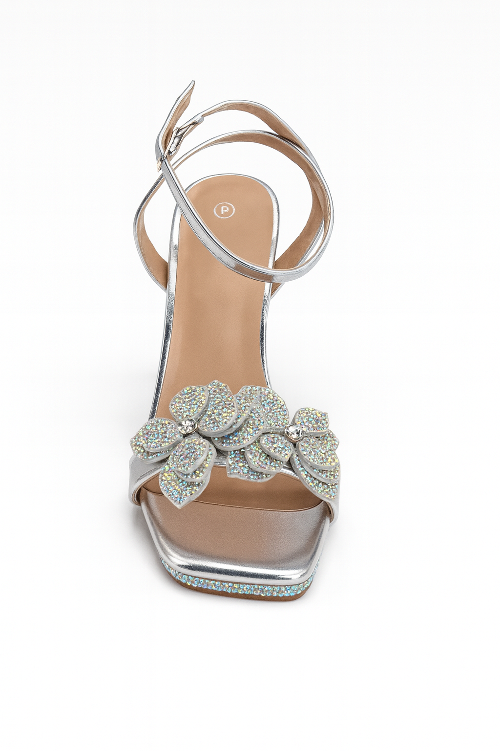 Gold & Silver Rhinestone Flower Ankle Strap Heels