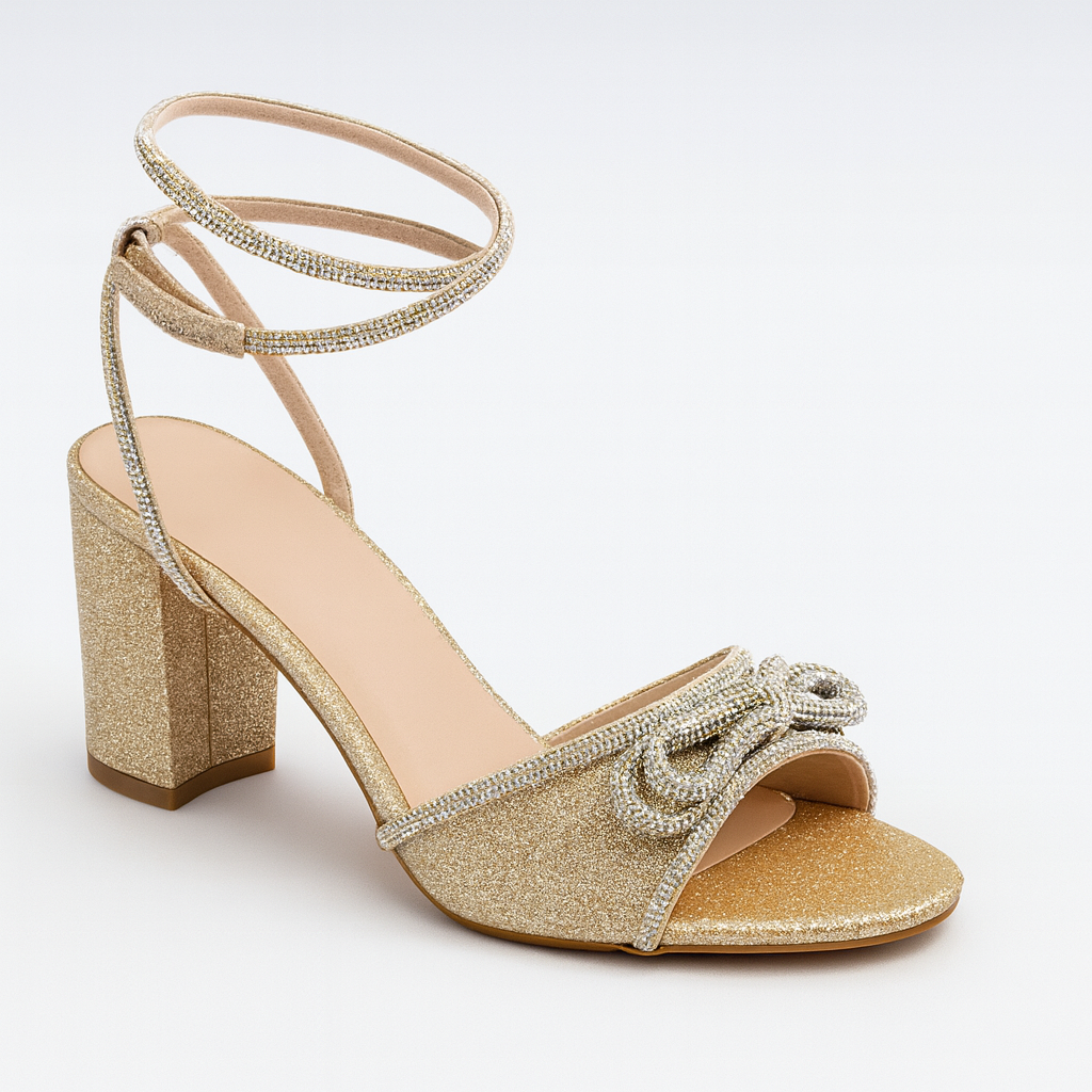Elegant Rhinestone Block Heel Sandals - Black / Gold / Silver