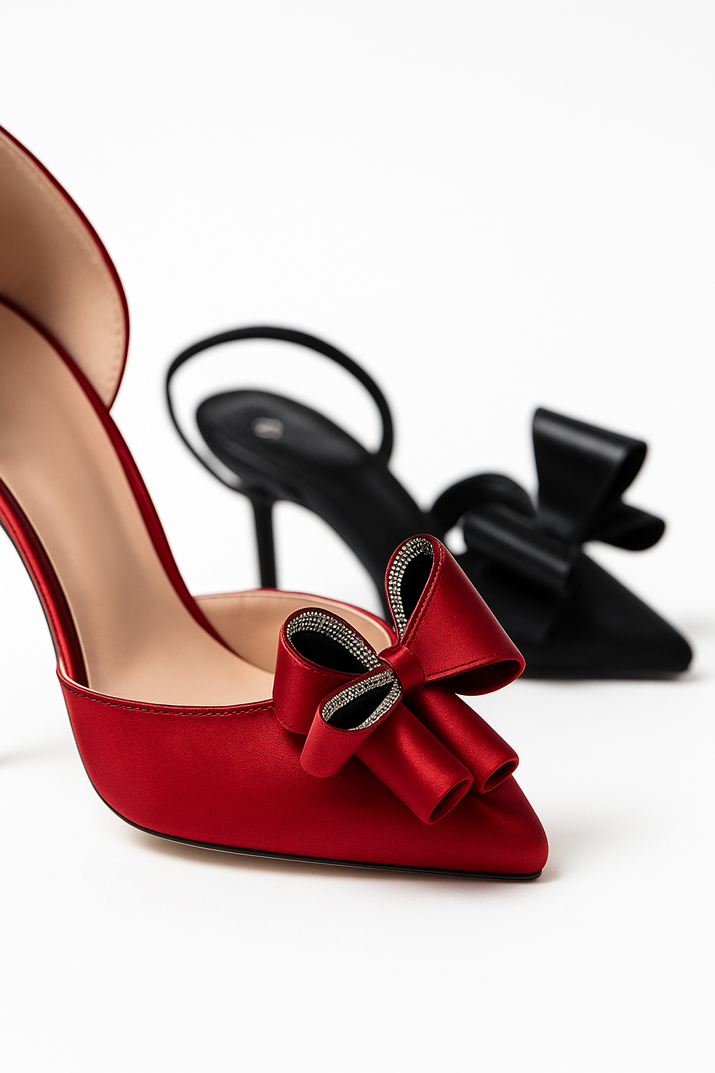Elegant Satin Bow Stiletto - Deep Red & Black
