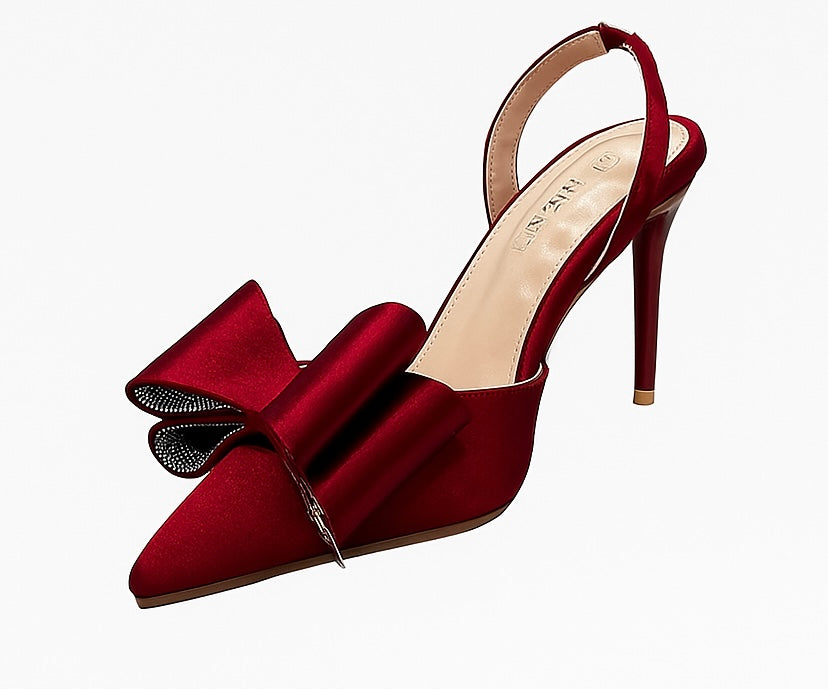 Elegant Satin Bow Stiletto - Deep Red & Black