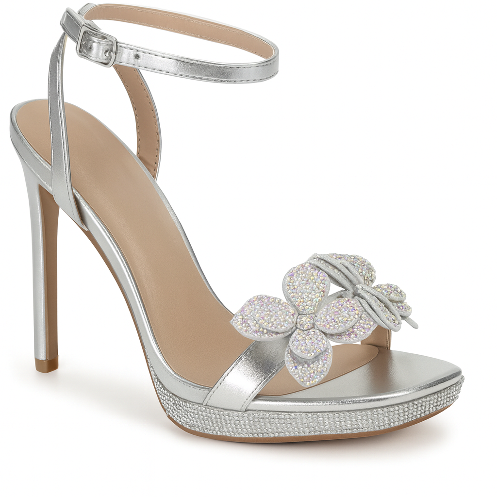 Gold & Silver Rhinestone Flower Ankle Strap Heels