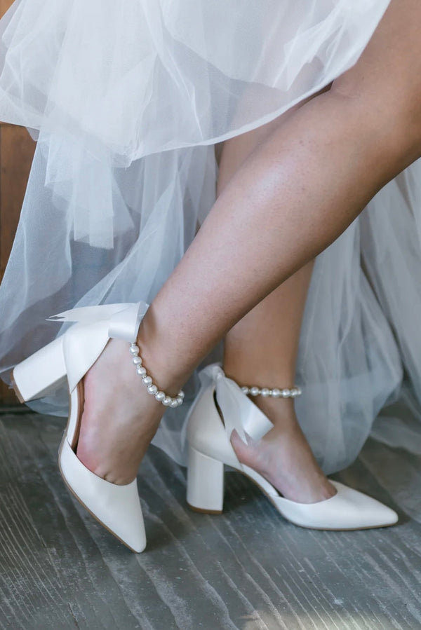 Pearl Ribbon Block Heels - Bridal Elegance Meets Comfort