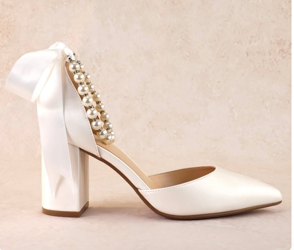 Pearl Ribbon Block Heels - Bridal Elegance Meets Comfort