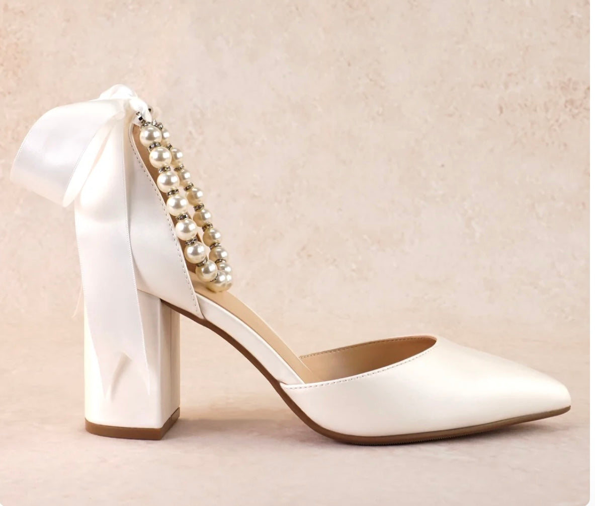 Pearl Ribbon Block Heels - Bridal Elegance Meets Comfort