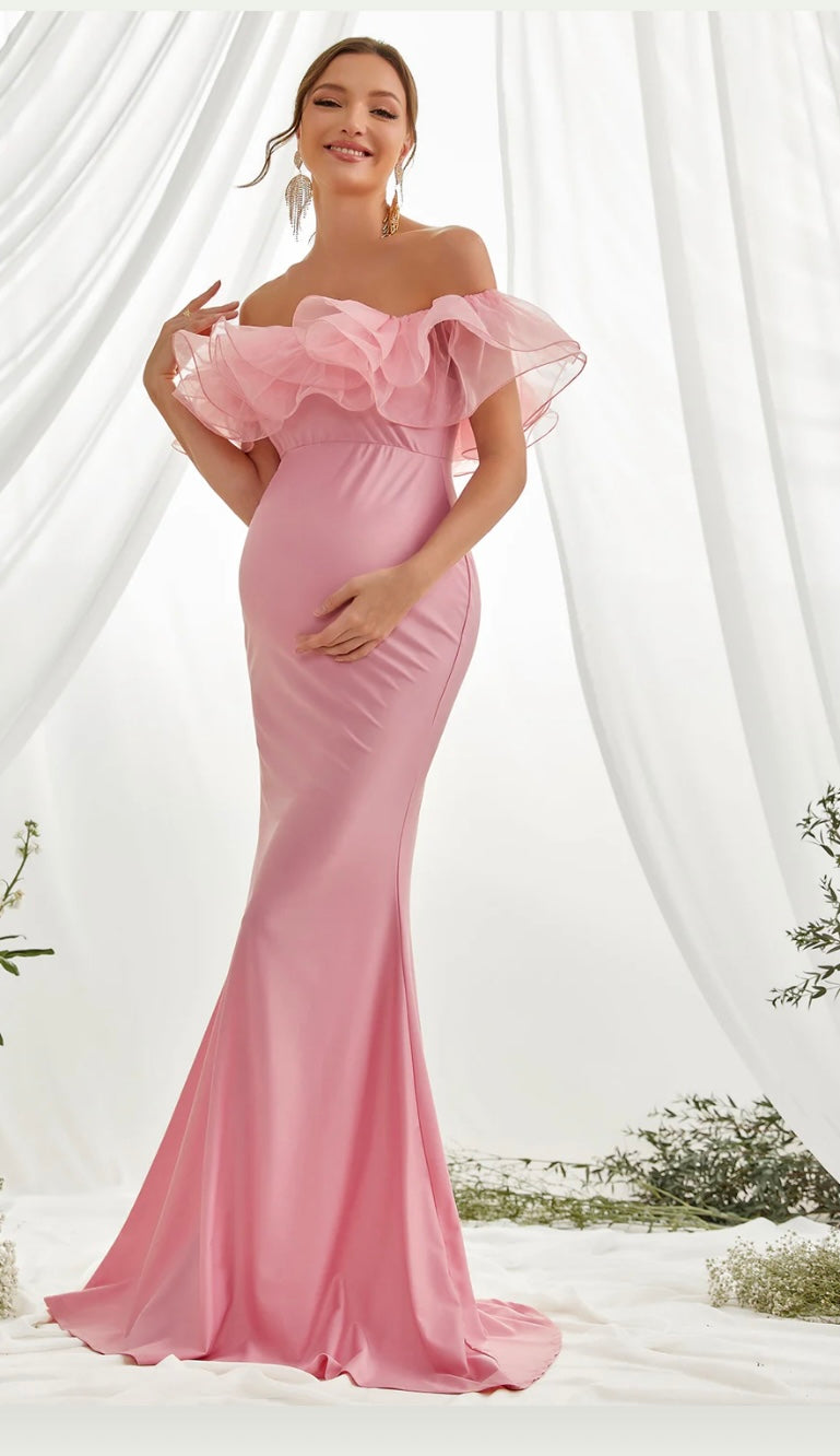 Maternity Ruffle Trim Off-Shoulder Mermaid Party Dress - Pink