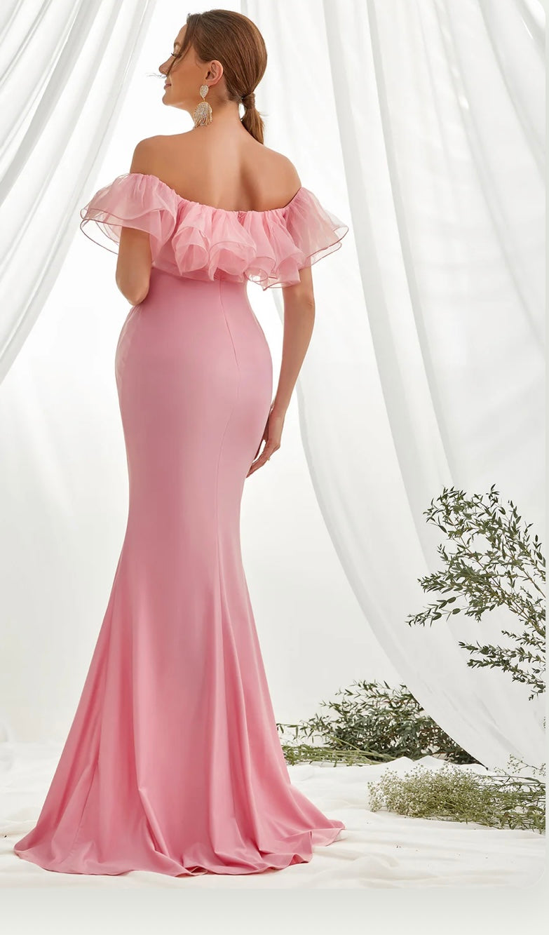 Maternity Ruffle Trim Off-Shoulder Mermaid Party Dress - Pink