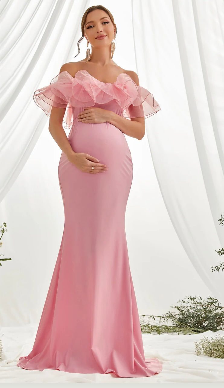 Maternity Ruffle Trim Off-Shoulder Mermaid Party Dress - Pink