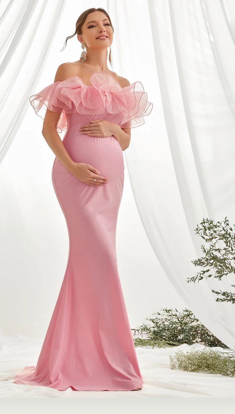 Maternity Ruffle Trim Off-Shoulder Mermaid Party Dress - Pink