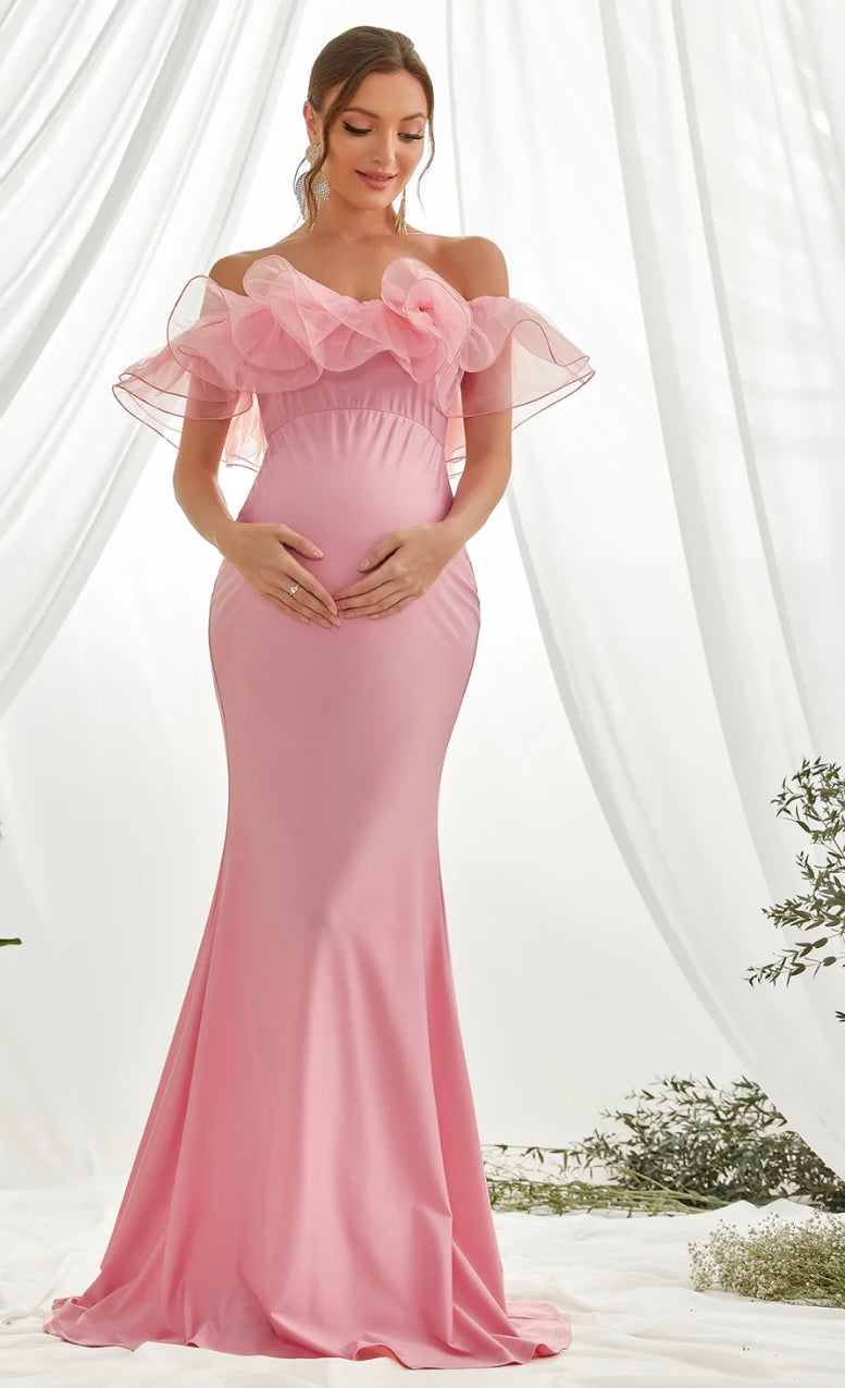 Maternity Ruffle Trim Off-Shoulder Mermaid Party Dress - Pink