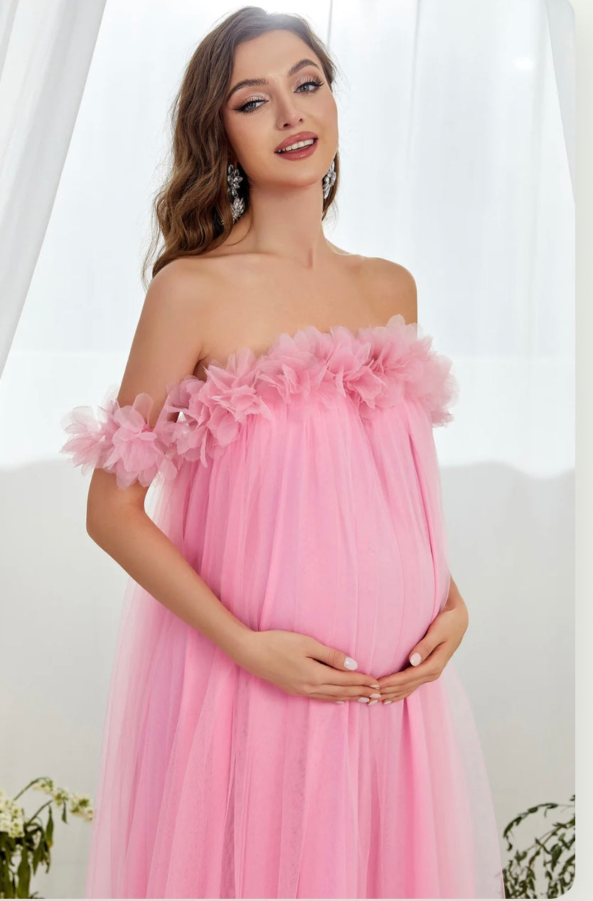 Maternity Flower Appliqué Off-Shoulder Mesh Party Dress