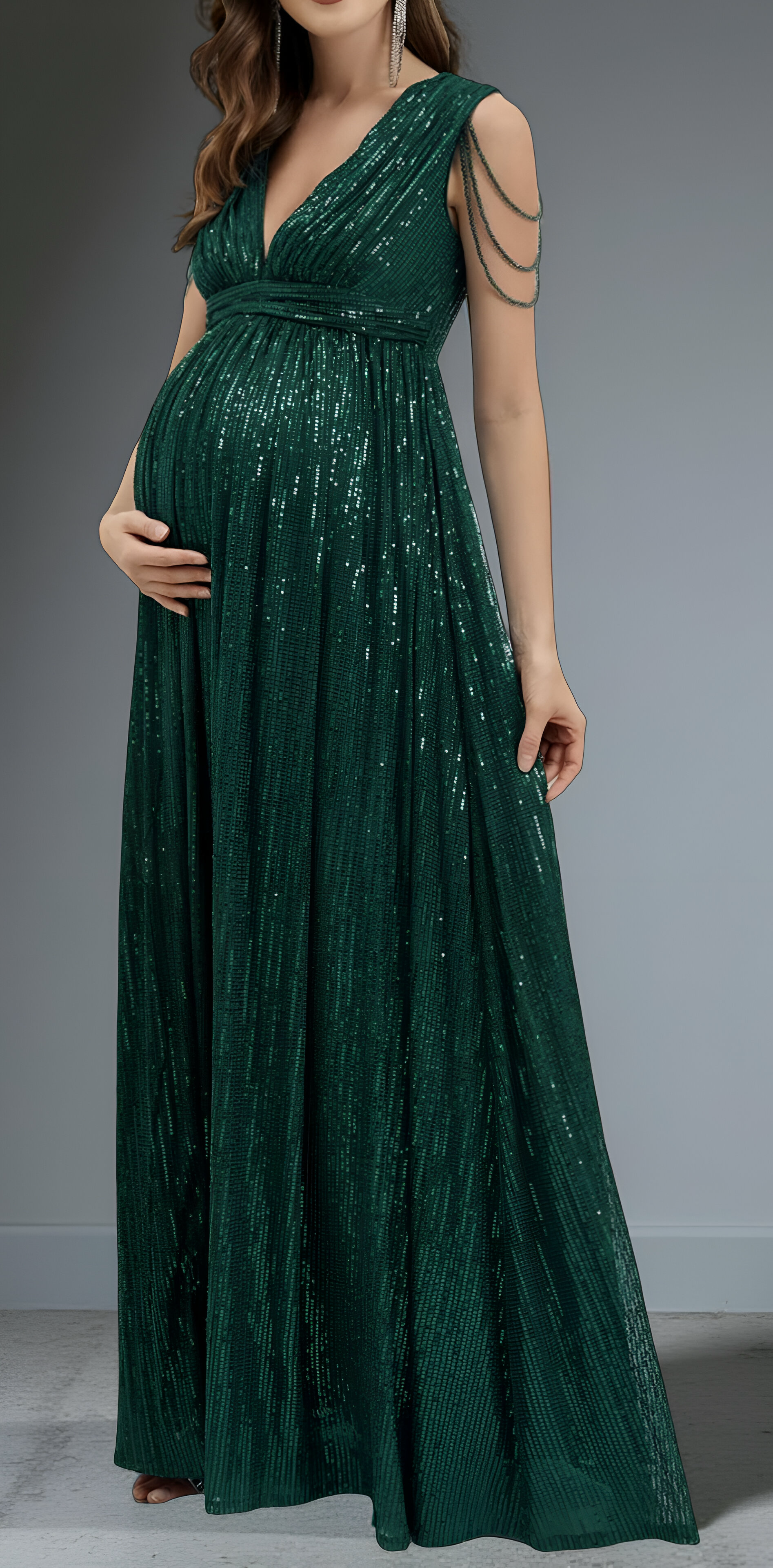 Maternity Chain Detail Plunging Neck Sequin Dress - Dark Green