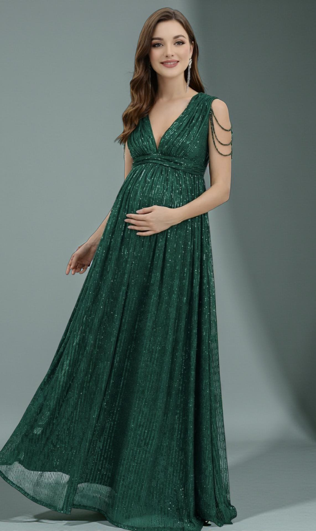 Maternity Chain Detail Plunging Neck Sequin Dress - Dark Green
