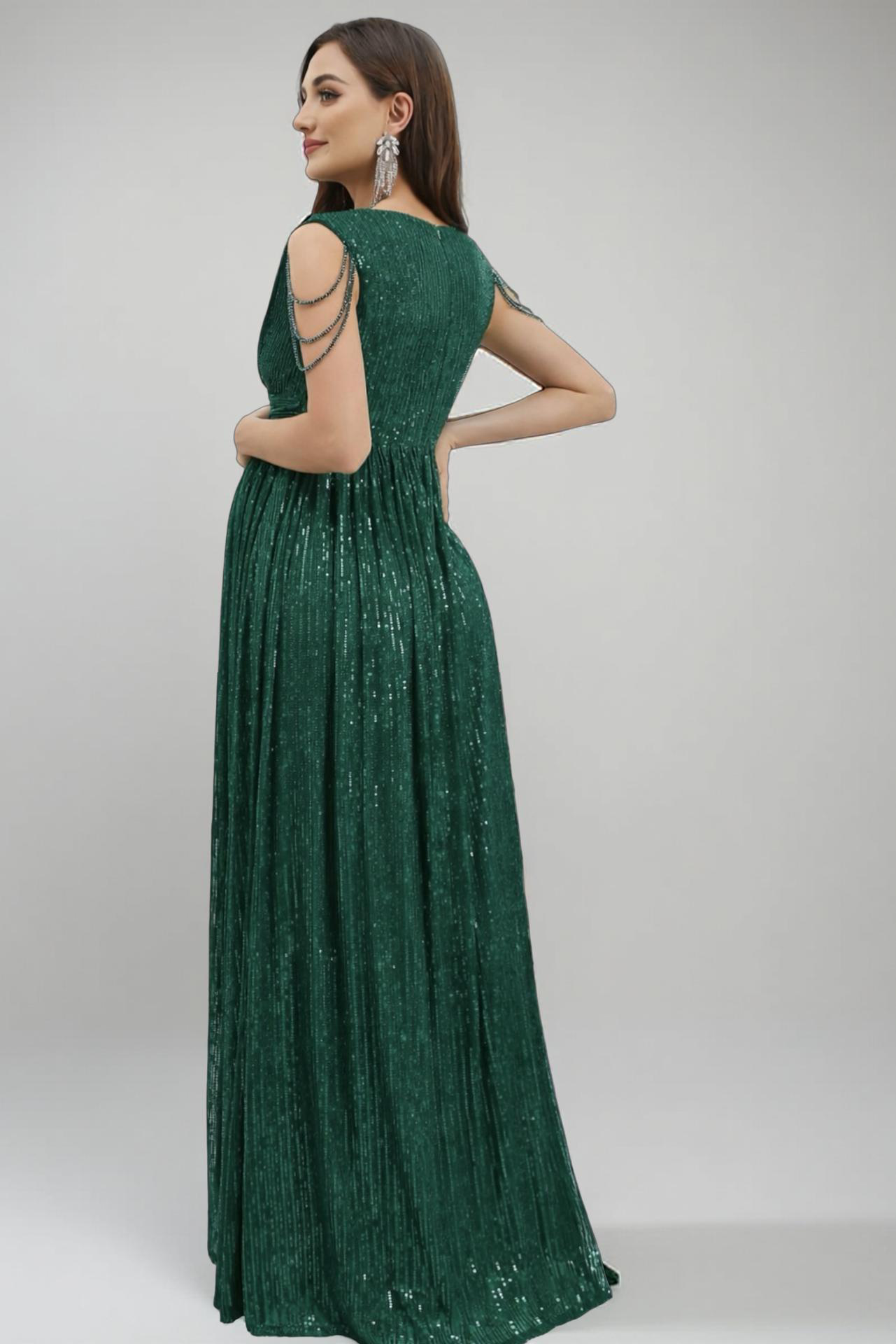 Maternity Chain Detail Plunging Neck Sequin Dress - Dark Green
