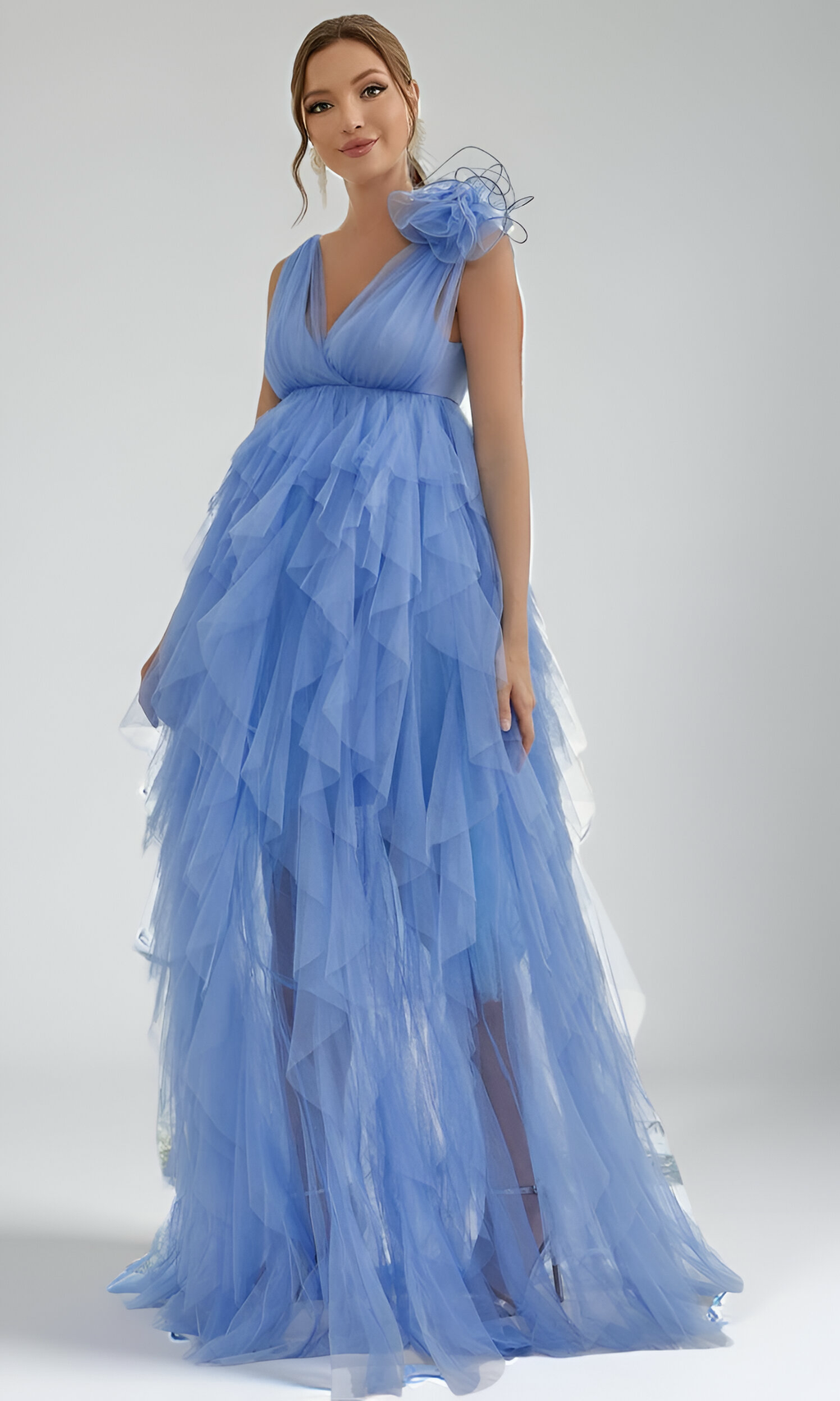 Maternity Plunging Neck Stereo Flower Mesh Overlay Party Dress