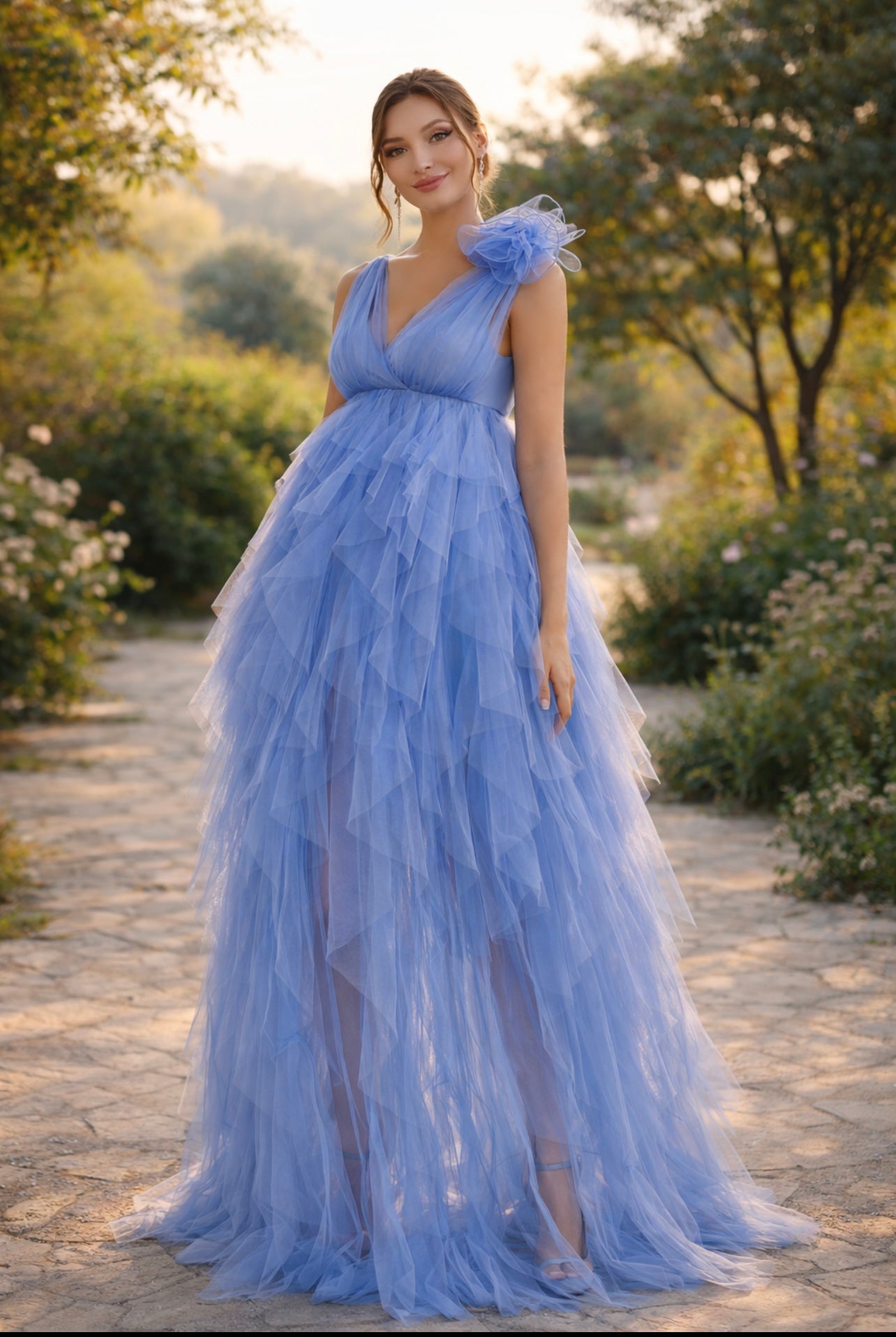Maternity Plunging Neck Stereo Flower Mesh Overlay Party Dress