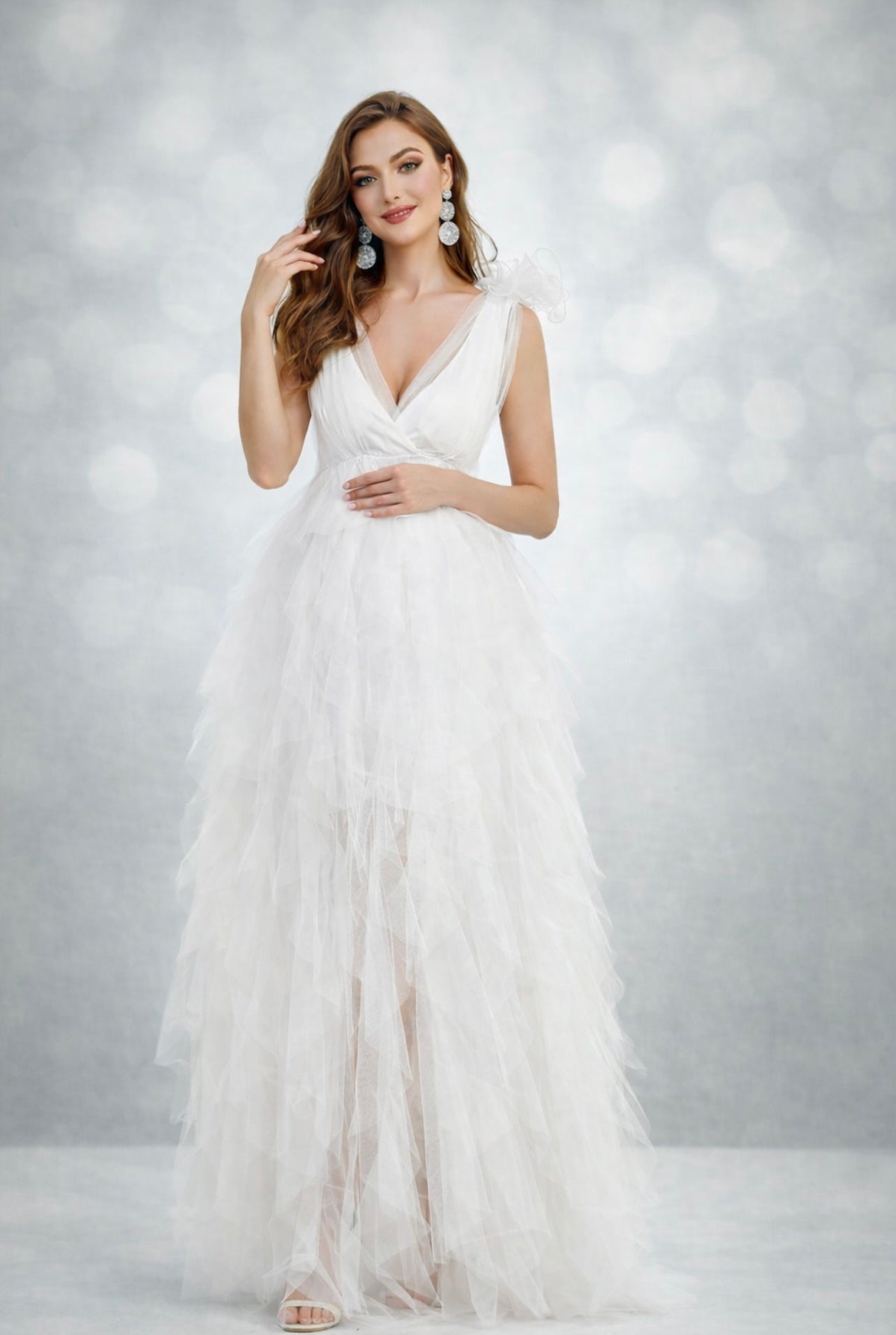 Maternity Plunging Neck Stereo Flower Mesh Overlay Party Dress