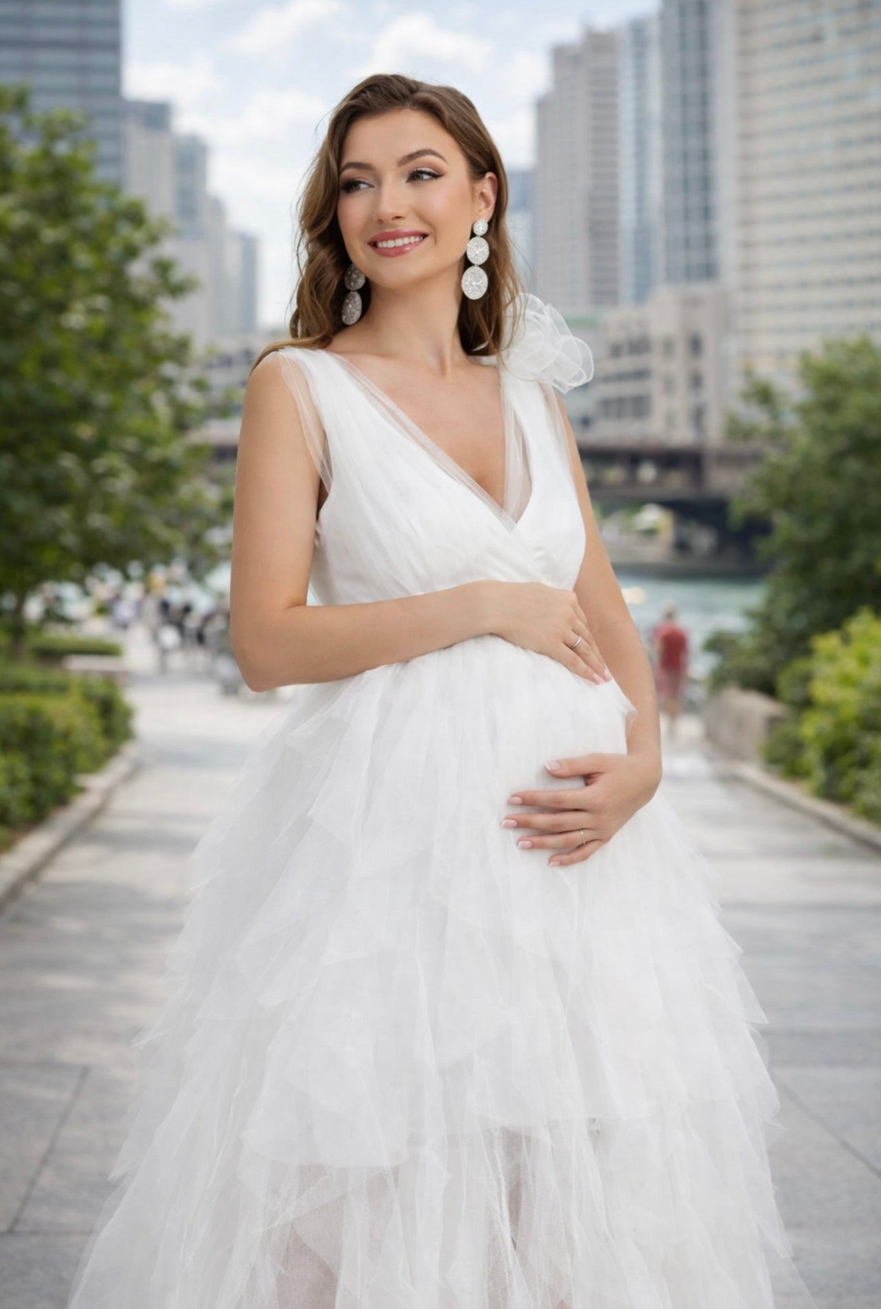 Maternity Plunging Neck Stereo Flower Mesh Overlay Party Dress