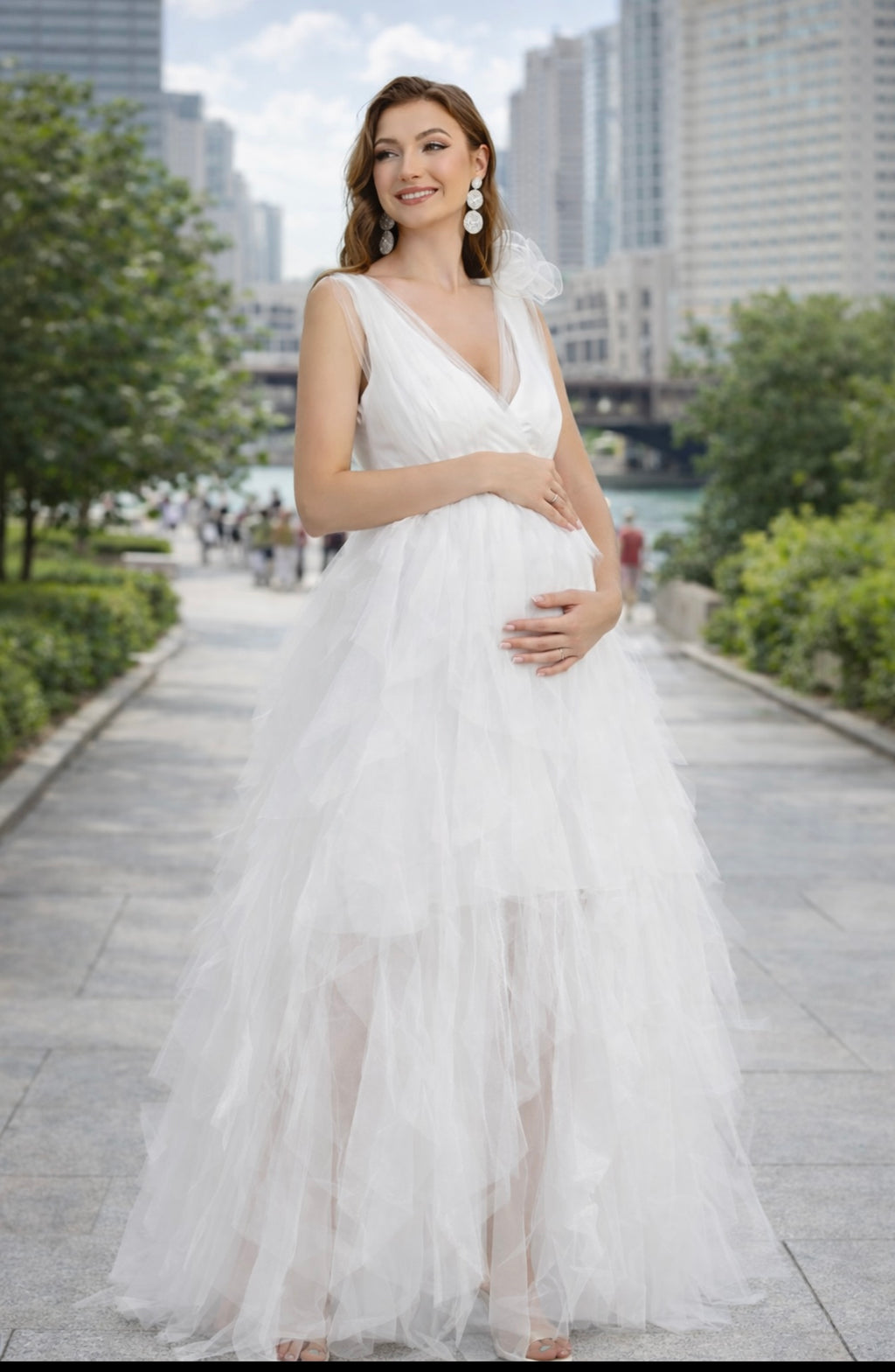 Maternity Plunging Neck Stereo Flower Mesh Overlay Party Dress