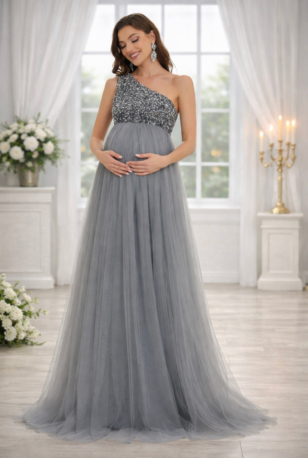 Maternity One Shoulder Contrast Sequin Mesh Party Dress