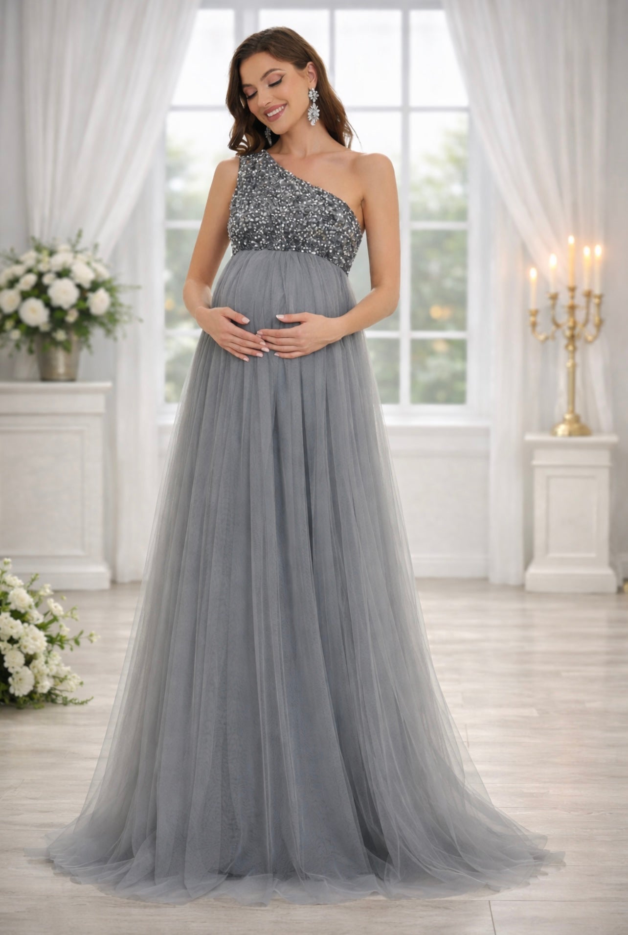 Maternity One Shoulder Contrast Sequin Mesh Party Dress