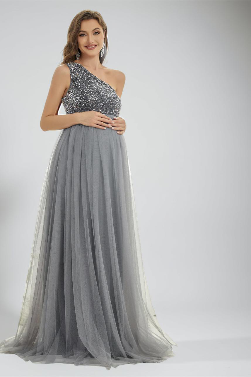 Maternity One Shoulder Contrast Sequin Mesh Party Dress