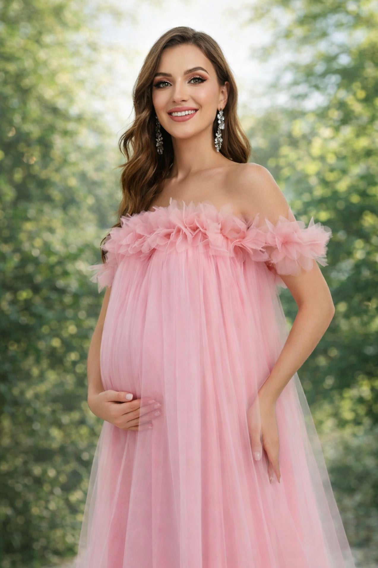 Maternity Flower Appliqué Off-Shoulder Mesh Party Dress