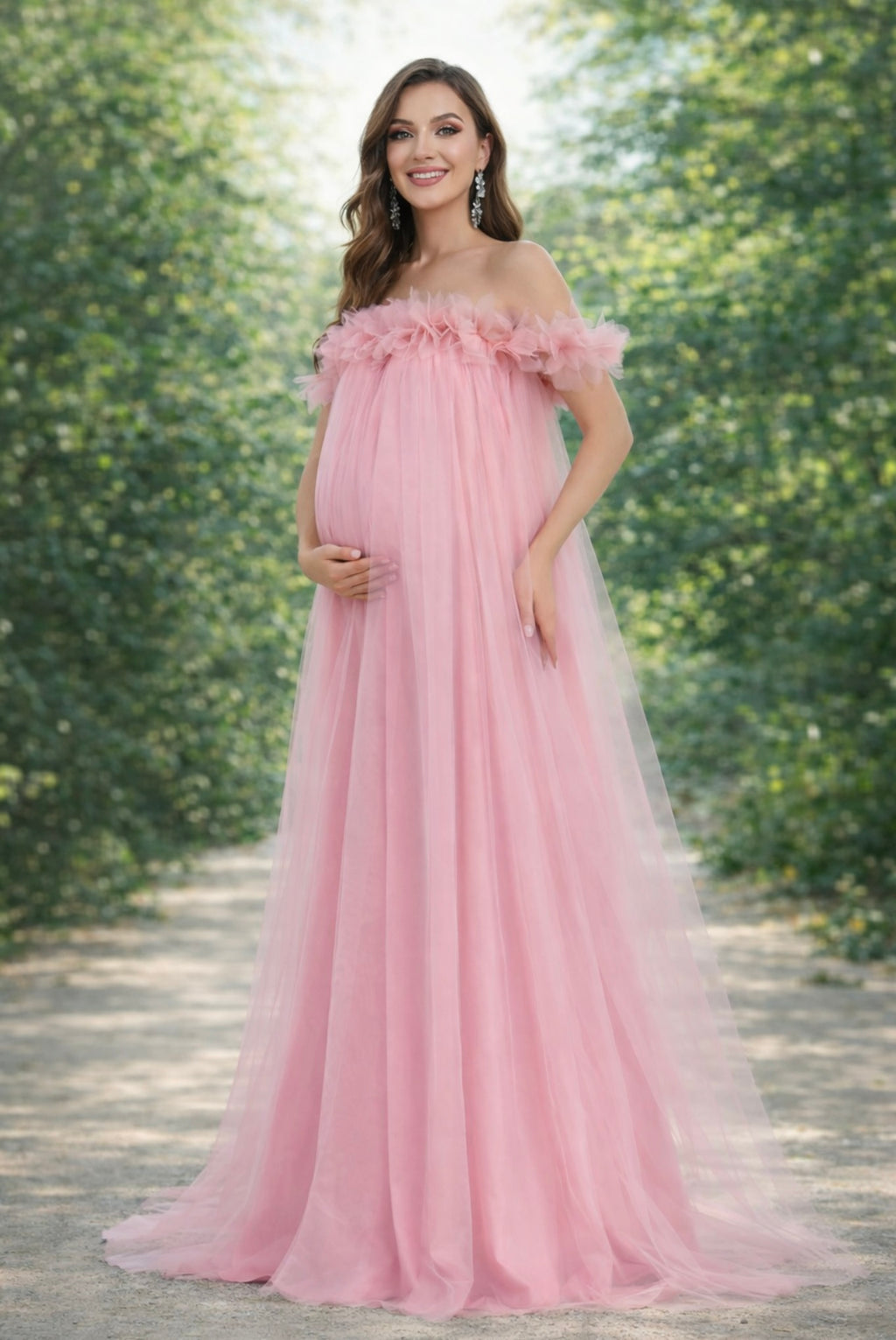 Maternity Flower Appliqué Off-Shoulder Mesh Party Dress