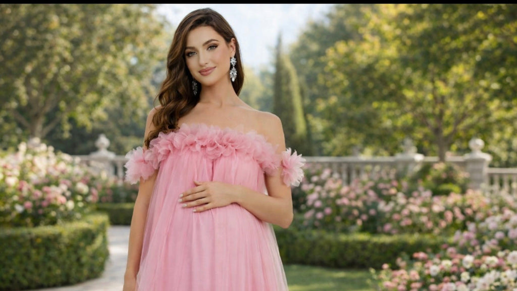 Maternity Flower Appliqué Off-Shoulder Mesh Party Dress