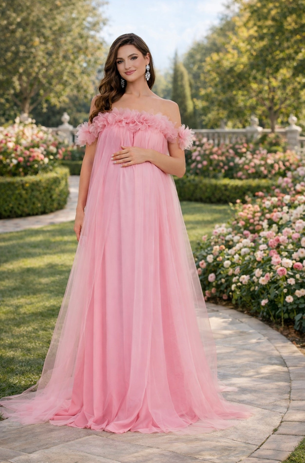Maternity Flower Appliqué Off-Shoulder Mesh Party Dress