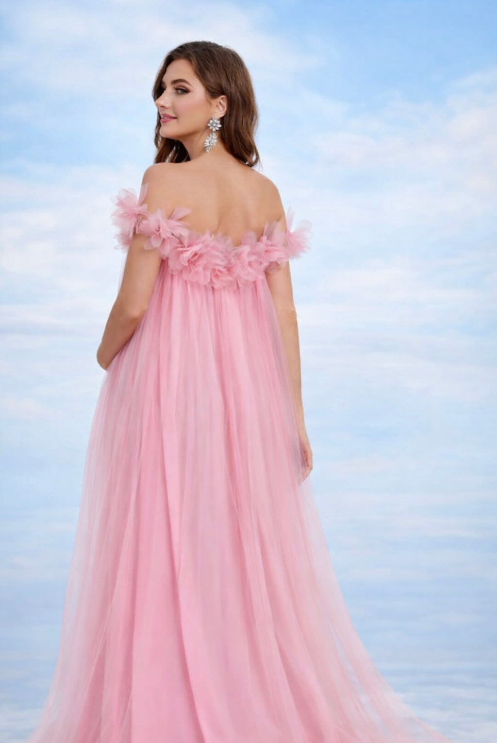 Maternity Flower Appliqué Off-Shoulder Mesh Party Dress