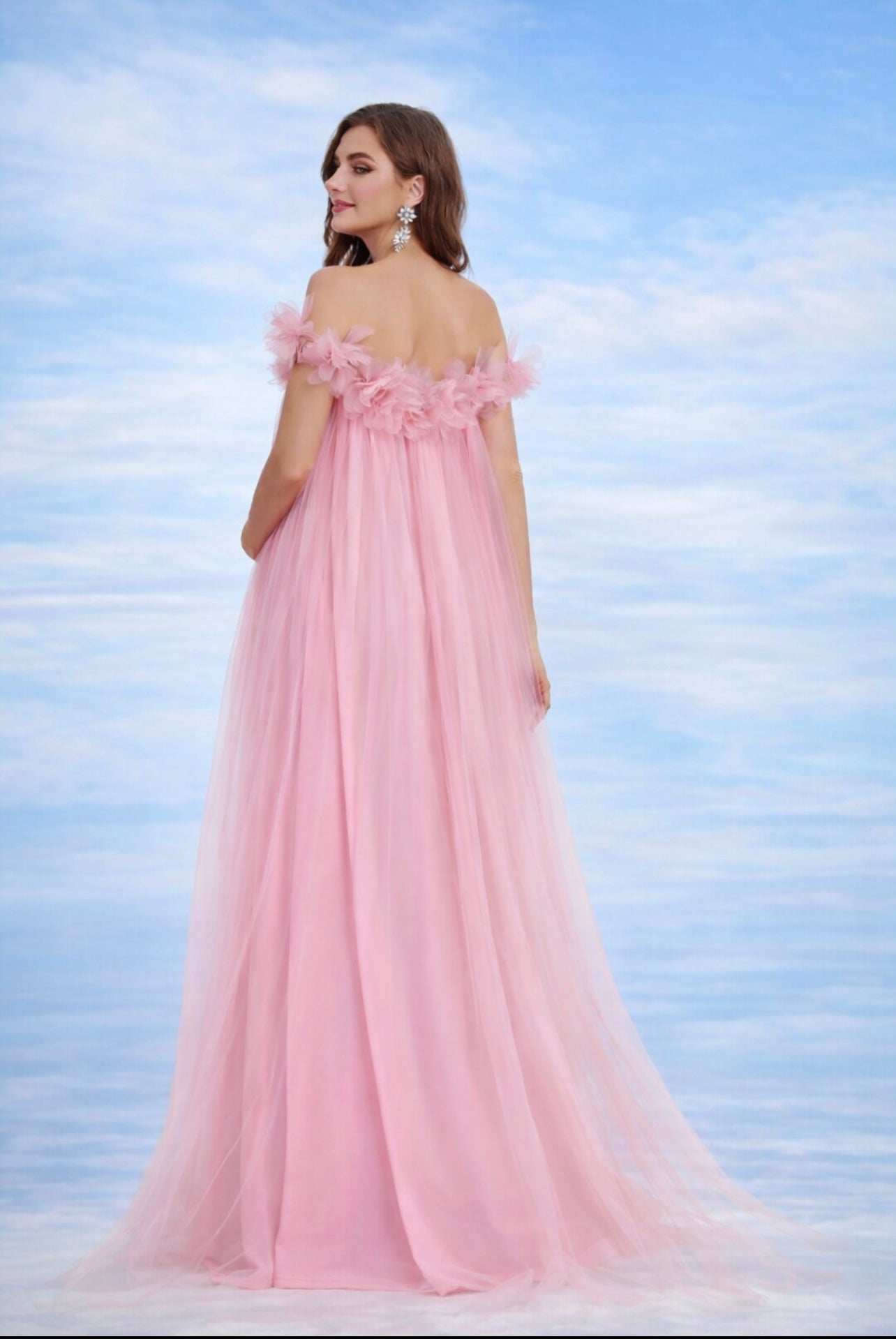 Maternity Flower Appliqué Off-Shoulder Mesh Party Dress