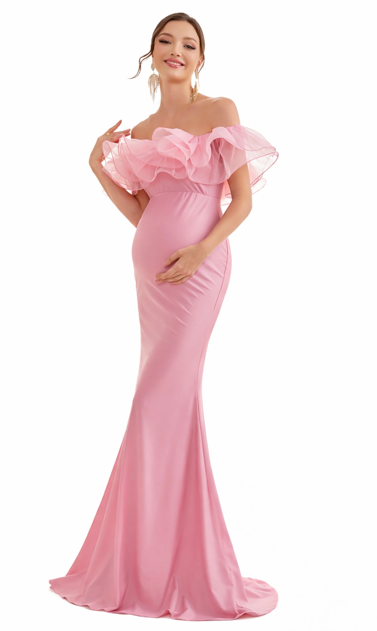 Maternity Ruffle Trim Off-Shoulder Mermaid Party Dress - Pink