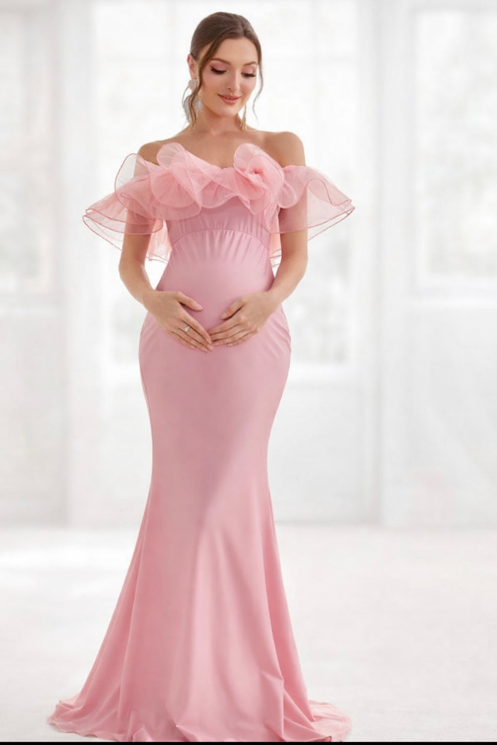 Maternity Ruffle Trim Off-Shoulder Mermaid Party Dress - Pink