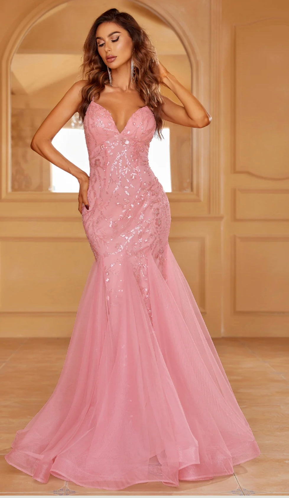 Lace Up Backless Sequin Mermaid Hem Cami Dress