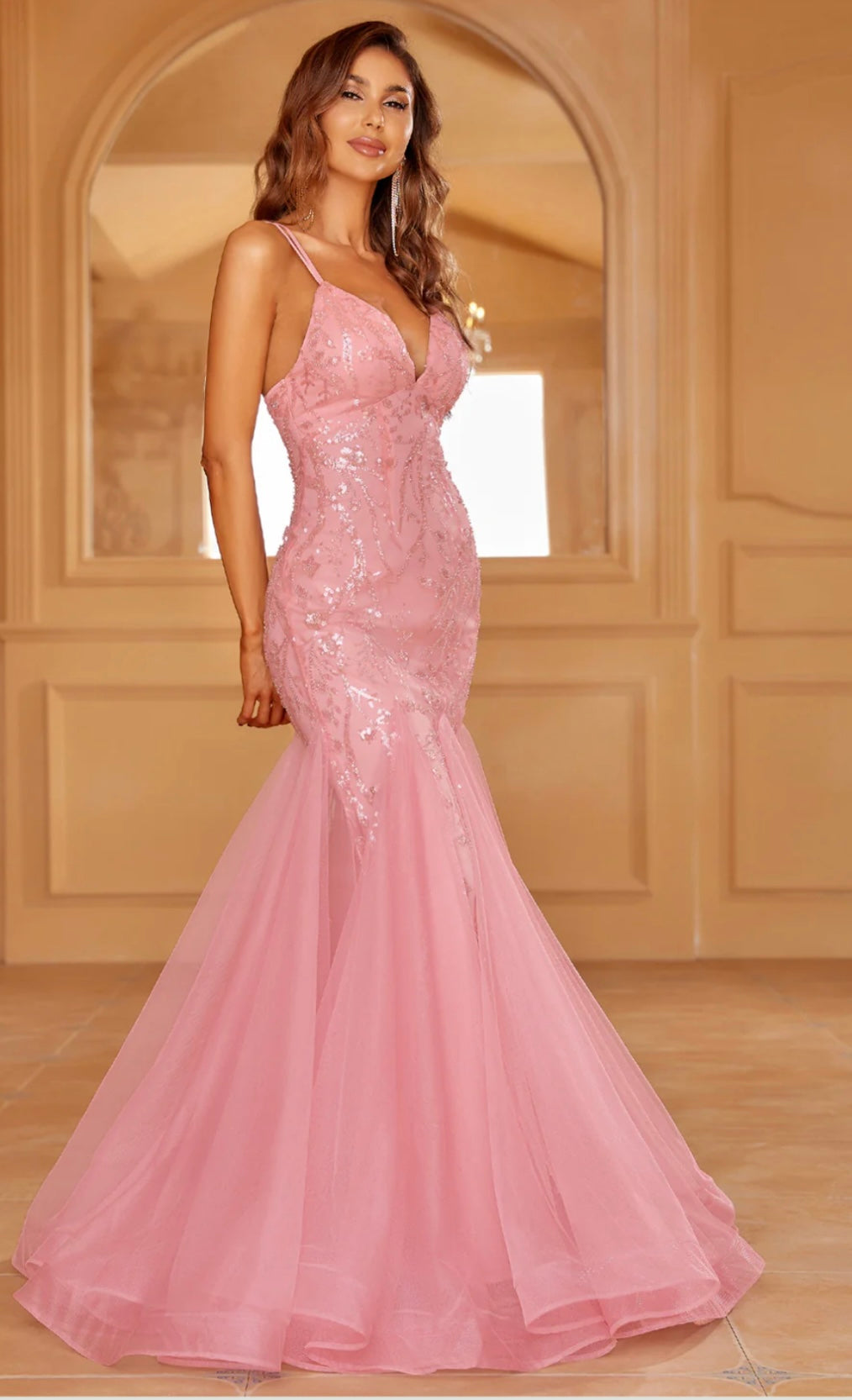 Lace Up Backless Sequin Mermaid Hem Cami Dress