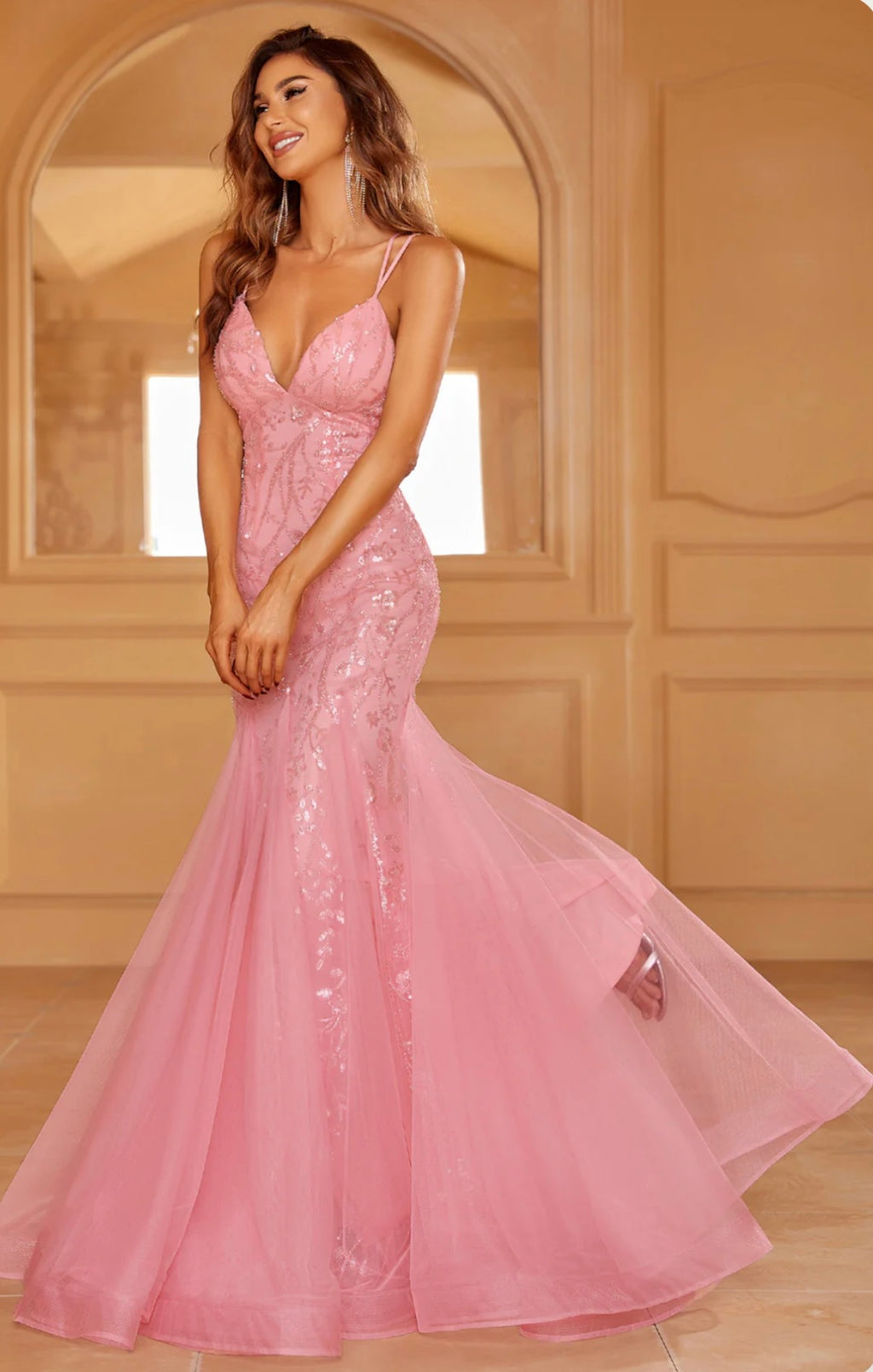 Lace Up Backless Sequin Mermaid Hem Cami Dress