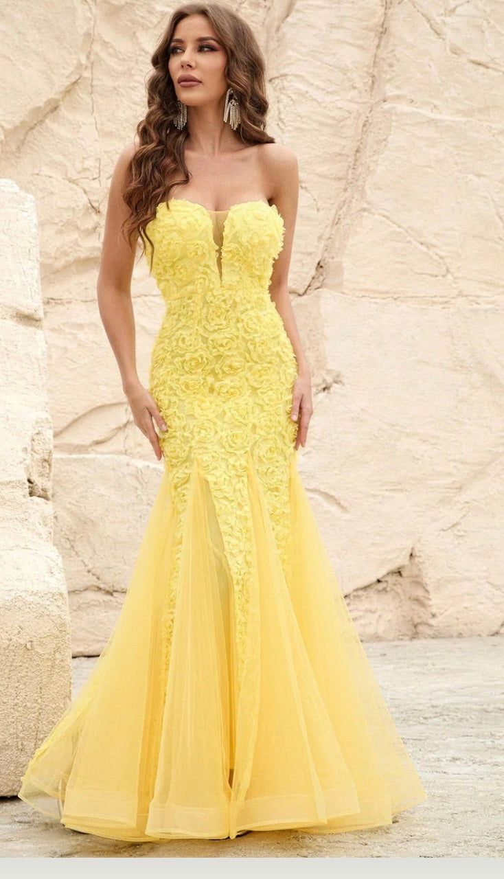 3D Flower Tube Mermaid Dress (Yellow)