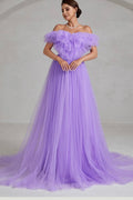 Purple Off-Shoulder Ruffle Trim Mesh Wedding Dress